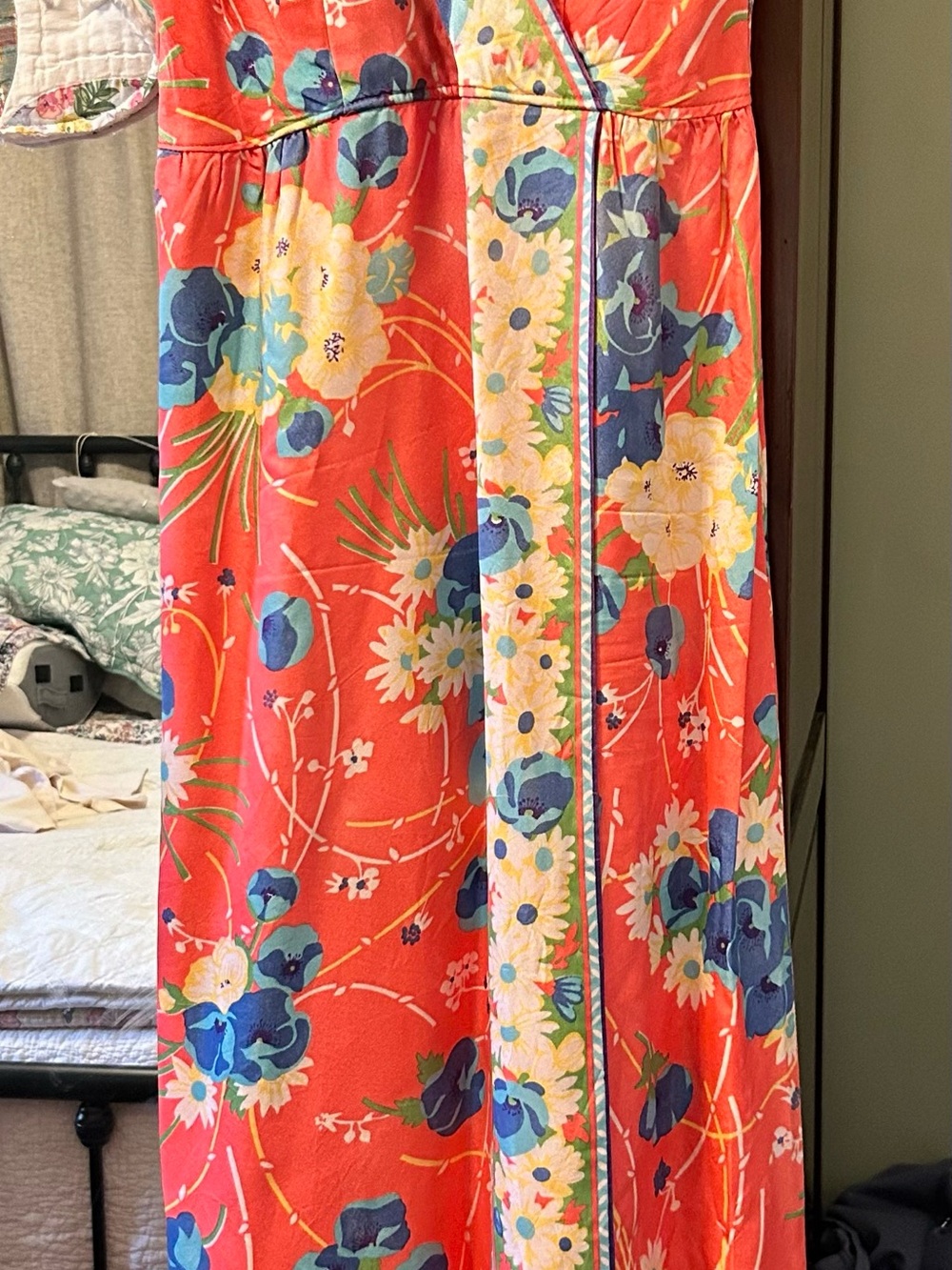 Vintage Floral Coral Maxi Dress with Blue & Yellow Bouquet Print